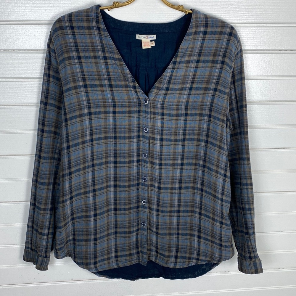 Plaid V-Neck Blouse - Blue